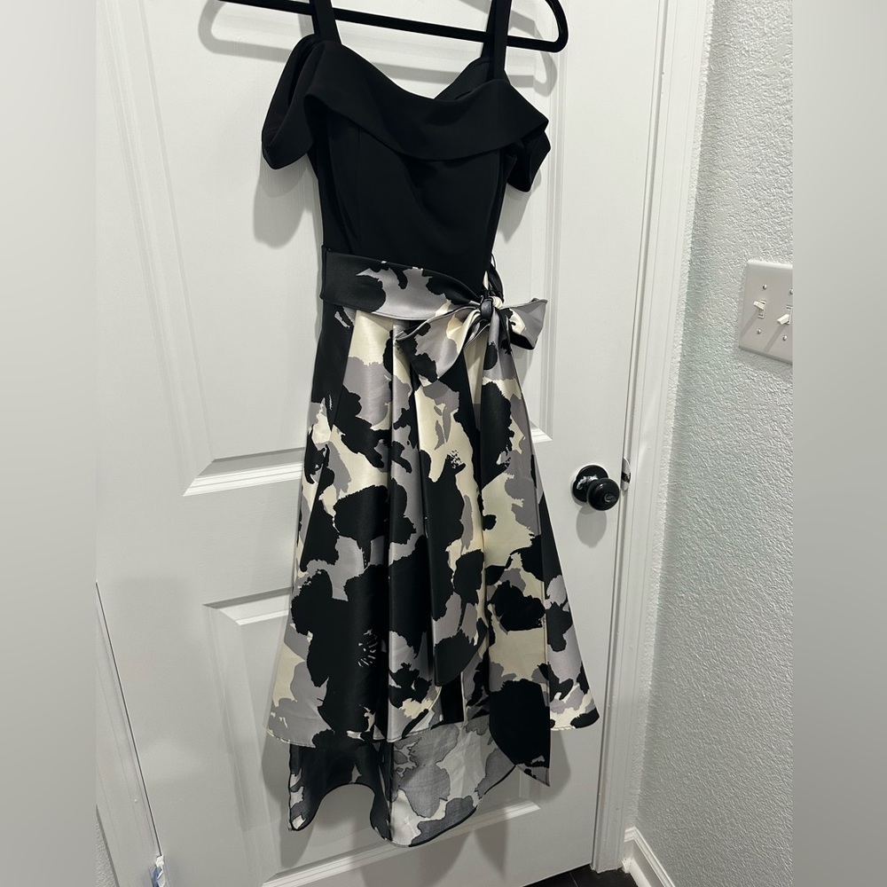 R&M Richards black and white floral high low off shoulder formal dress